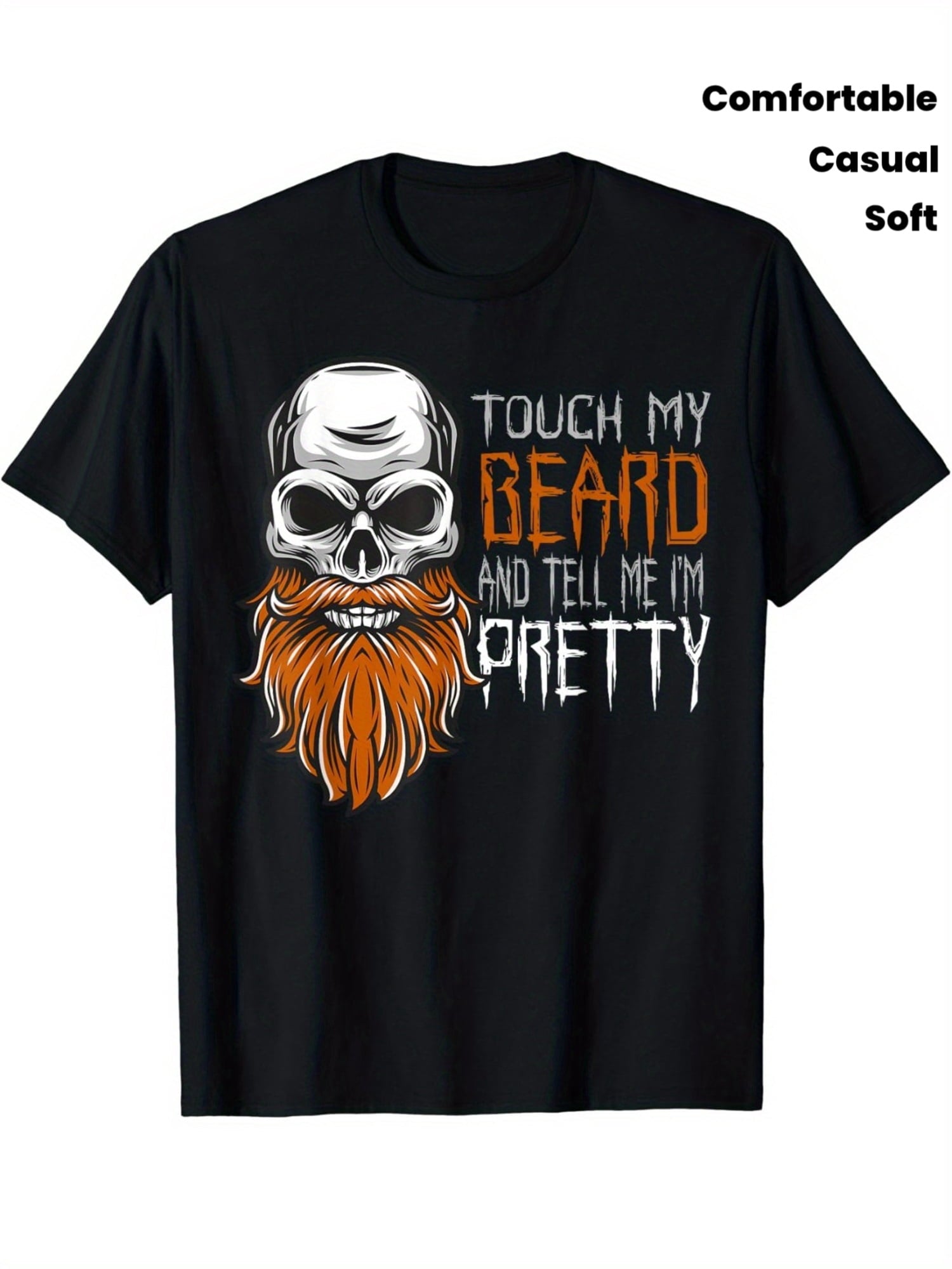 Beard Skull Pattern T-shirt - Soft, Men's Round Neck Short Sleeve - Casual Streetwear with Bold Orange and White Prints, Suitable for All Seasons | Bold Skull Prints | Comfortable Fit
