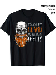 Beard Skull Pattern T-shirt - Soft, Men's Round Neck Short Sleeve - Casual Streetwear with Bold Orange and White Prints, Suitable for All Seasons | Bold Skull Prints | Comfortable Fit