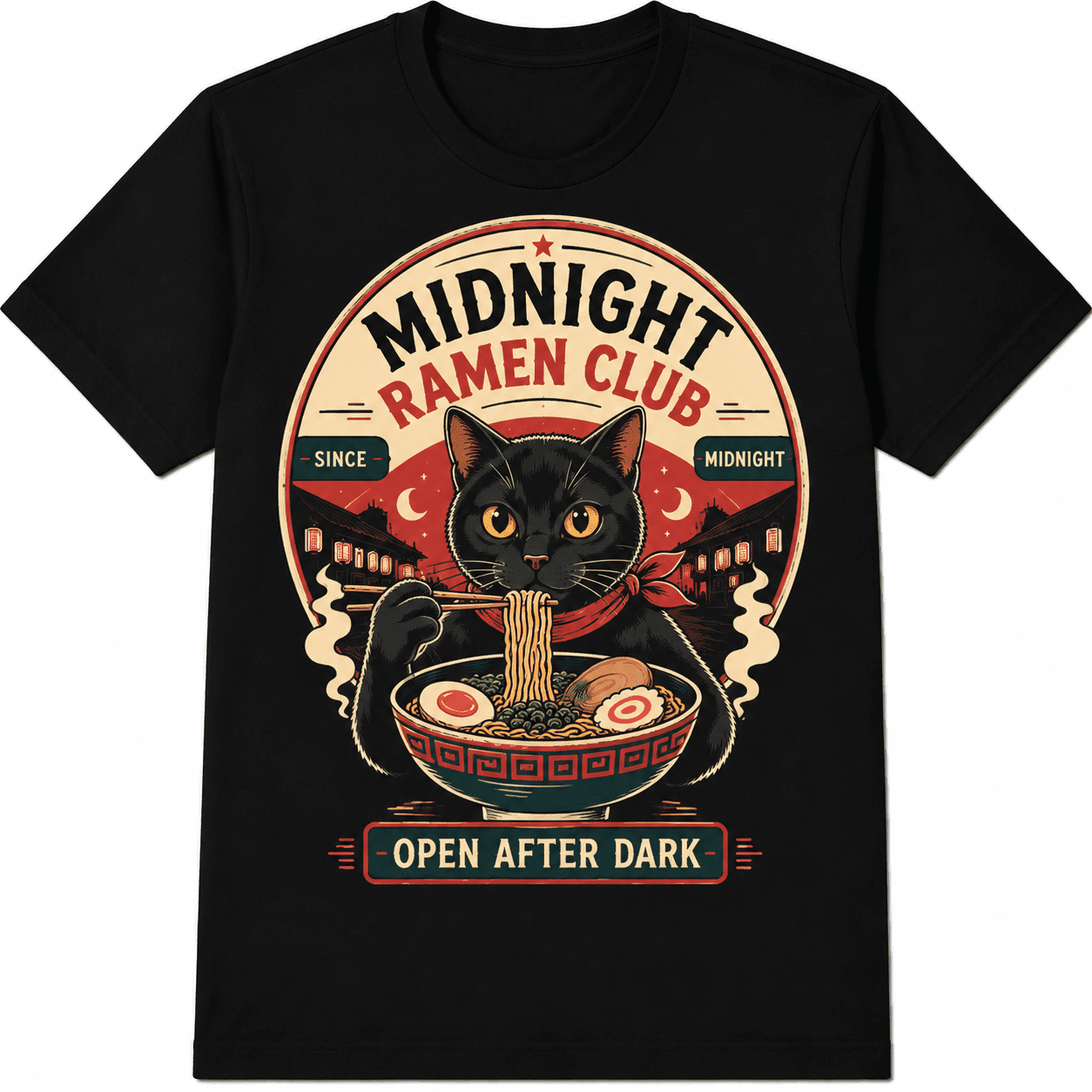 Black Cat Ramen Graphic T-Shirt for Men and Women, Vintage Food Lover Tee, Retro Noodle Bowl Print Casual Short Sleeve Top