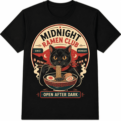 Black Cat Ramen Graphic T-Shirt for Men and Women, Vintage Food Lover Tee, Retro Noodle Bowl Print Casual Short Sleeve Top