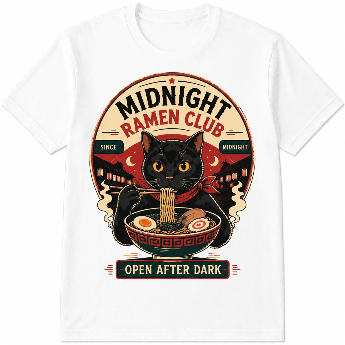 Black Cat Ramen Graphic T-Shirt for Men and Women, Vintage Food Lover Tee, Retro Noodle Bowl Print Casual Short Sleeve Top