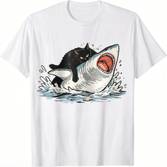 Black Cat Riding Shark Graphic T Shirt Vintage Distressed Unisex Cotton Tee