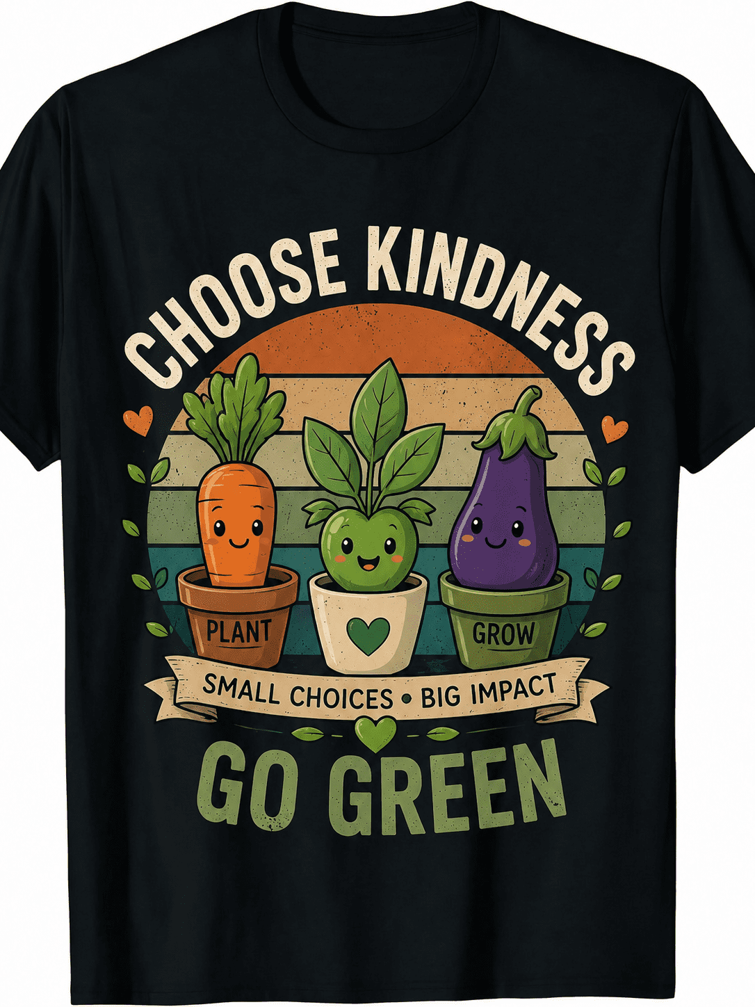 Black Graphic T-Shirt, Choose Kindness Go Green Cute Potted Vegetables Retro Sunset Gardening Eco Casual Short Sleeve Tee Gift For Garden Lovers