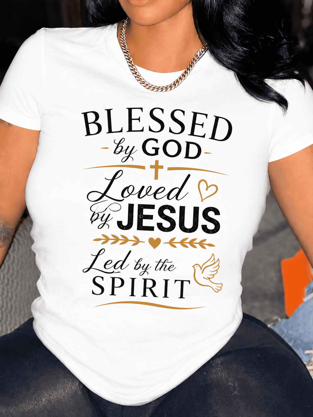 Blessed by God Loved by Jesus Led by the Spirit Christian Graphic T-Shirt for Women Faith Inspirational Tee