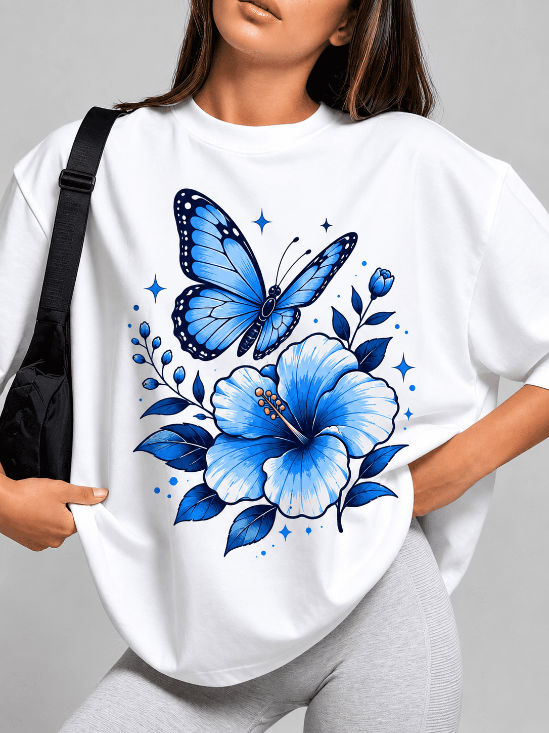 Blue Monarch Butterfly Hibiscus Floral Graphic T-Shirt Women Tropical Flower Sparkle Star Botanical Short Sleeve Casual Tee