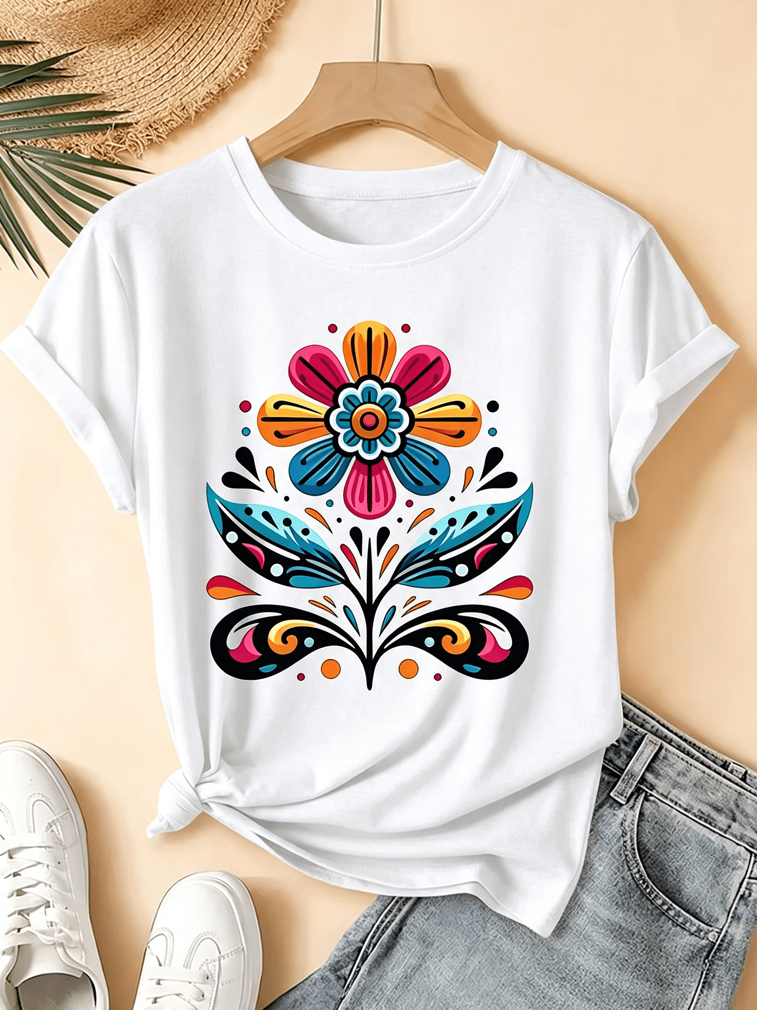 Boho Folk Floral Graphic T‑Shirt for Women, Casual Crewneck Short Sleeve Tee, Colorful Retro Flower Art Print Everyday Tops