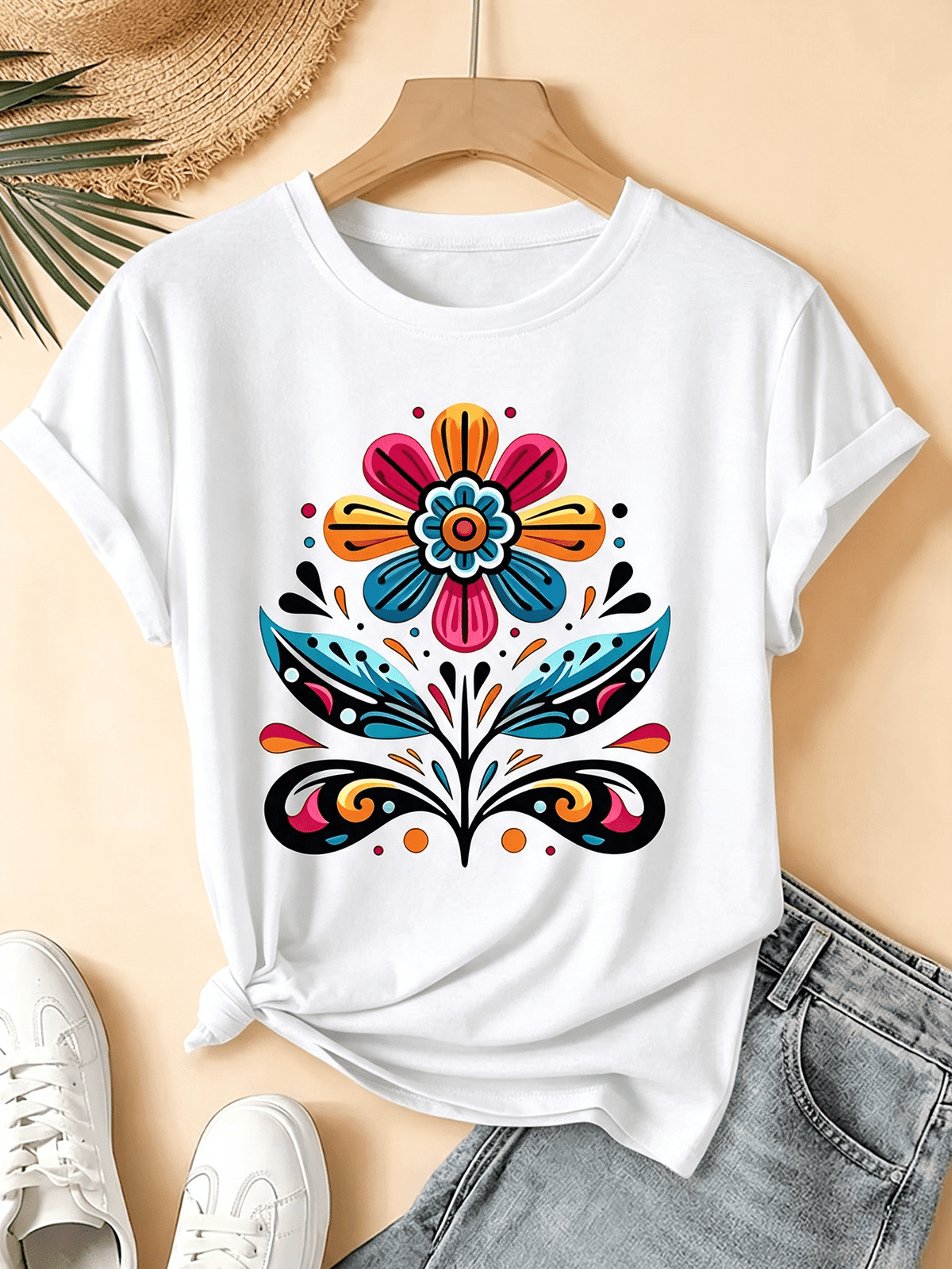Boho Folk Floral Graphic T‑Shirt for Women, Casual Crewneck Short Sleeve Tee, Colorful Retro Flower Art Print Everyday Tops