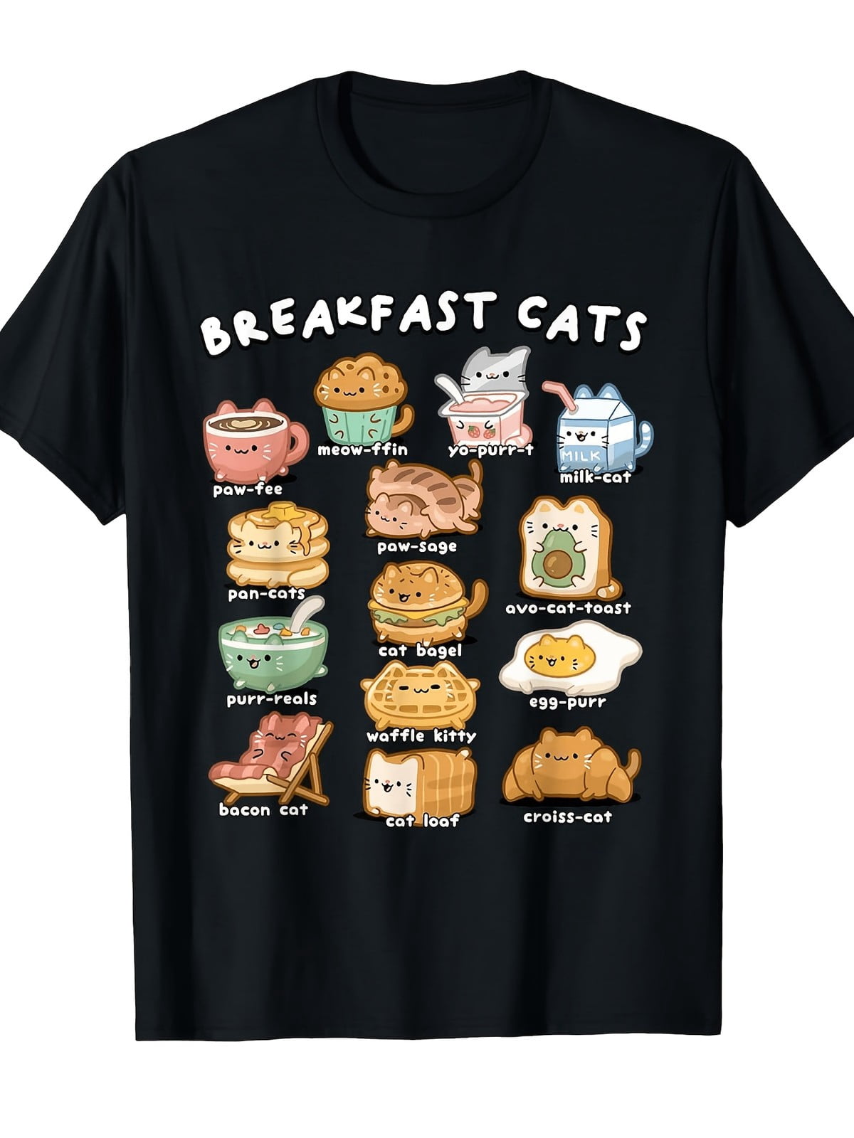 Breakfast Cats Funny Pun Kawaii Cat Food Lover Graphic Tee for Men Women, Cute Meow Ffin Cat Pancake Short Sleeve T-Shirt, Casual Crew Neck Top for Cat Lover Gift