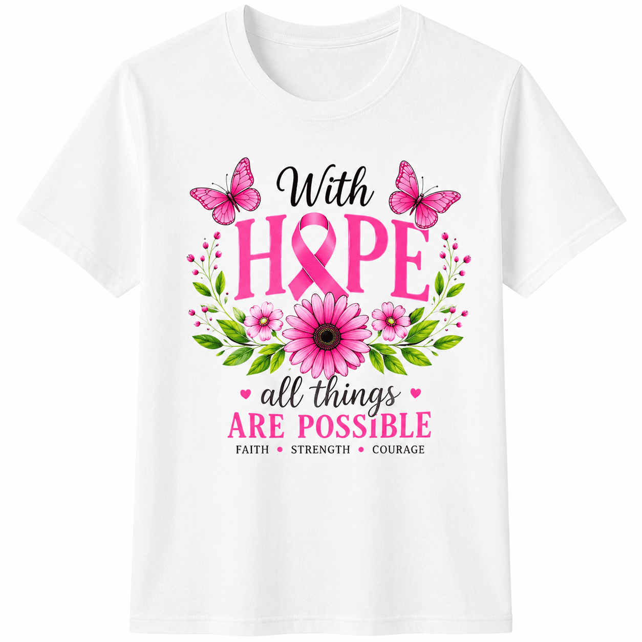 Breast Cancer Awareness T-Shirt for Women, Pink Ribbon Hope Floral Graphic Tee, Inspirational Faith Shirt, Survivor Support Gift, Butterfly Flower Casual Short Sleeve Top