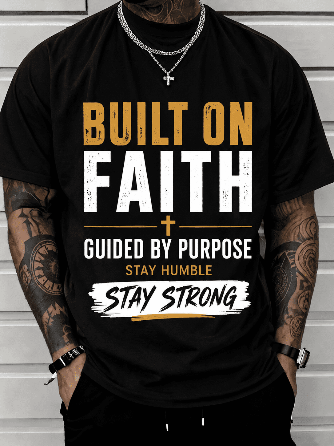 Built on Faith Men's Christian Graphic T-Shirt, Guided by Purpose Inspirational Short Sleeve Crew Neck Tee, Motivational Faith-Based Casual Shirt, Stay Humble Stay Strong Gift