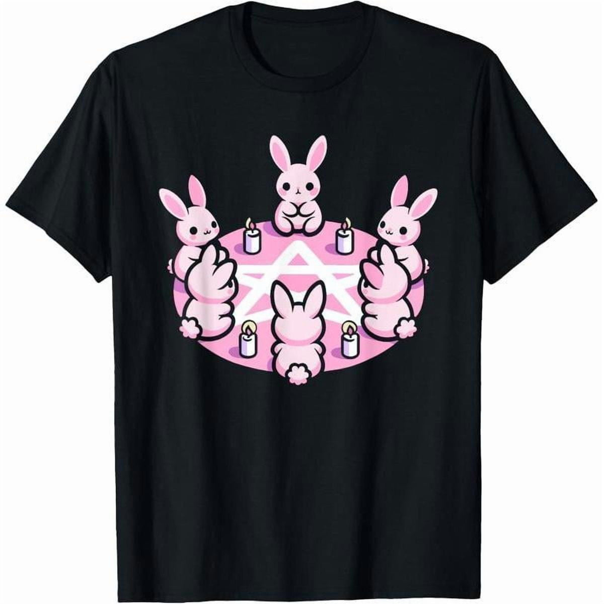 Bunny Rabbit Pink Pentacle Pentagram Pastel Goth Dark Humor T-Shirt Casual Shortsleeve Graphic Fabric
