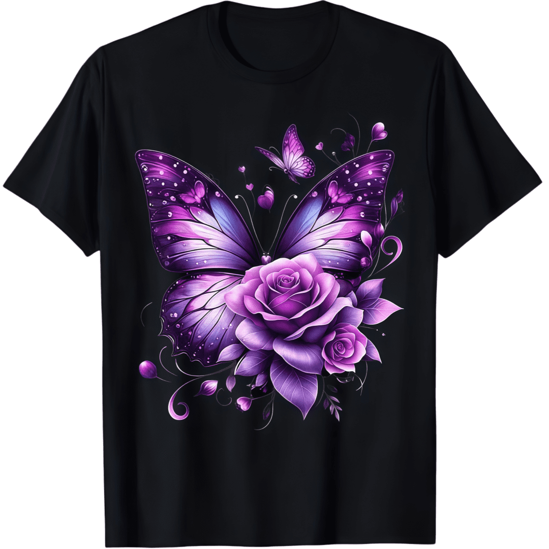 Butterfly On A Purple Colored Rose Flower Butterfly Lover T-Shirt