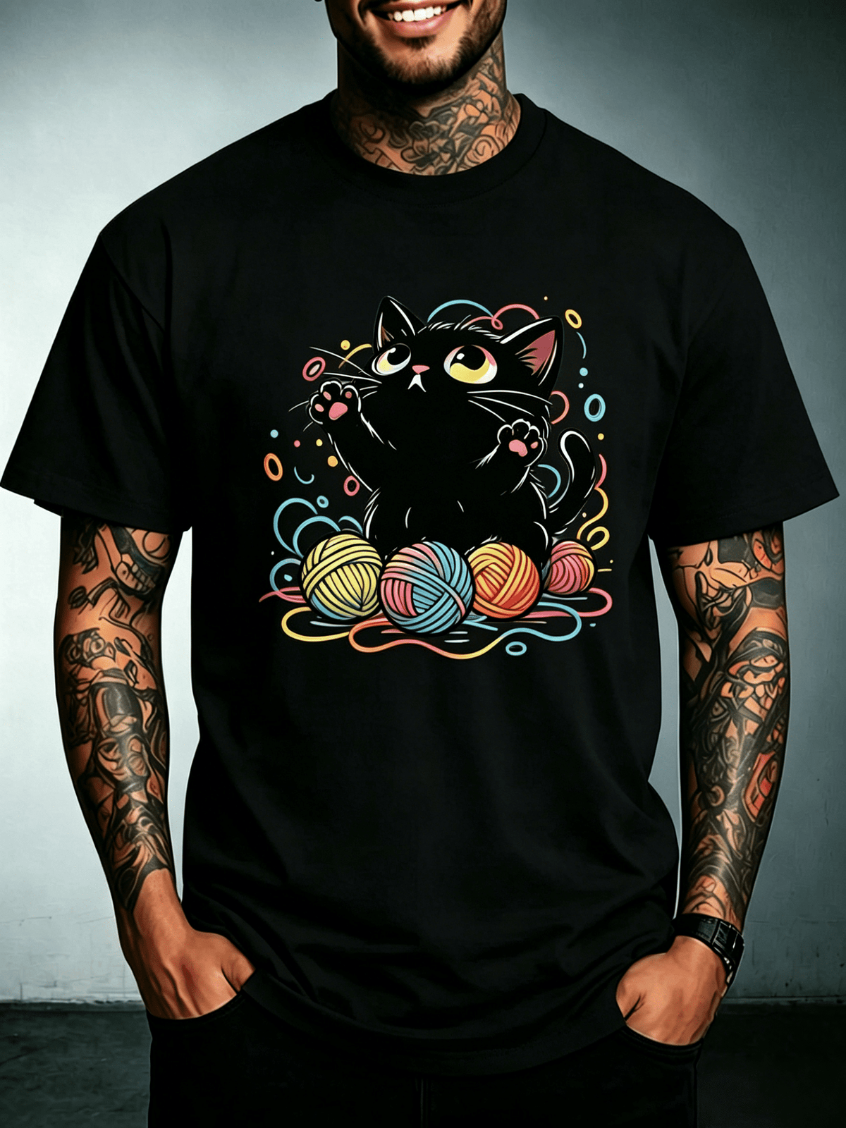 Cartoon Playful Black Kitten T-Shirt, Vibrant Rainbow Yarn Balls Cute Cat Graphic Print Casual Short Sleeve Top, Unisex Soft Tee for Pet Cat Fans Birthday Gift