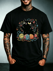 Cartoon Playful Black Kitten T-Shirt, Vibrant Rainbow Yarn Balls Cute Cat Graphic Print Casual Short Sleeve Top, Unisex Soft Tee for Pet Cat Fans Birthday Gift