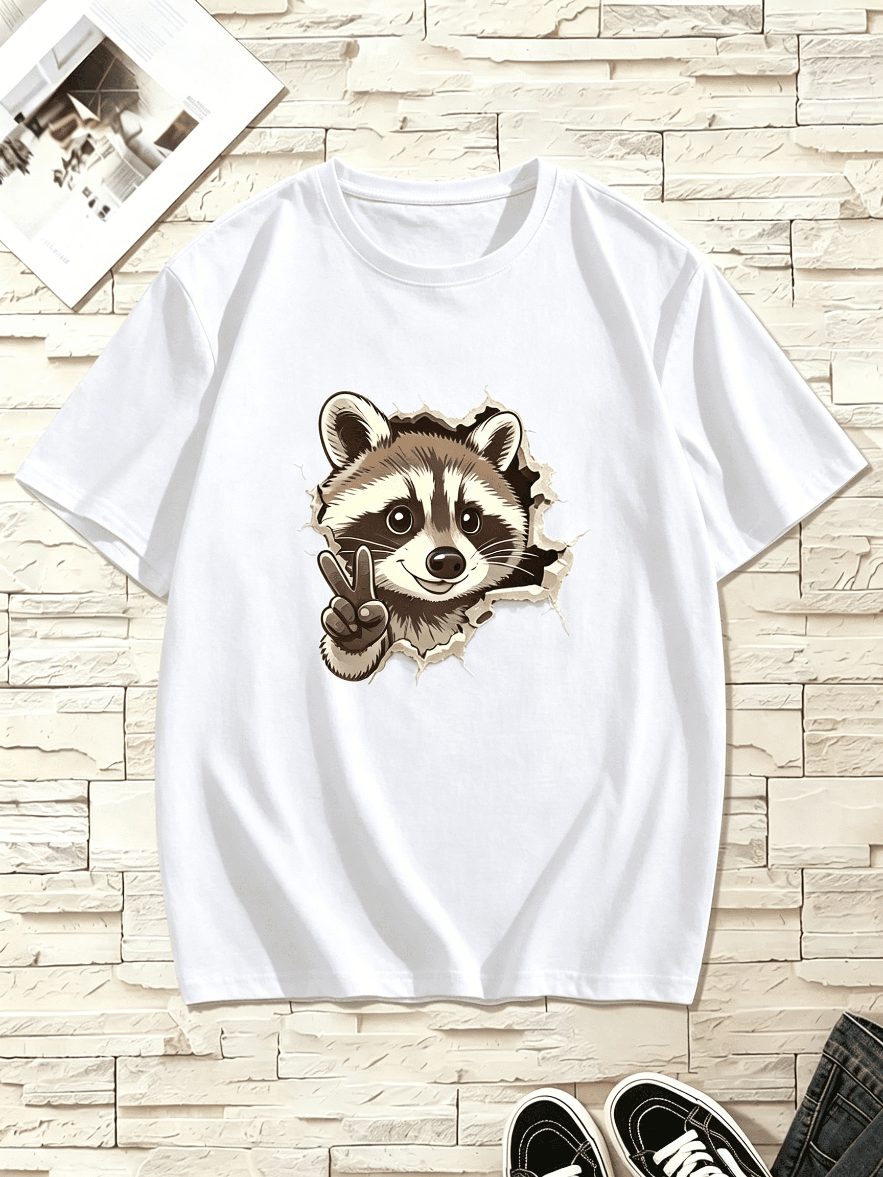Cartoon Raccoon Showing Victory Hand Tshirt, Funny Breakout Paper Animal Graphic Short Sleeve Casual Top