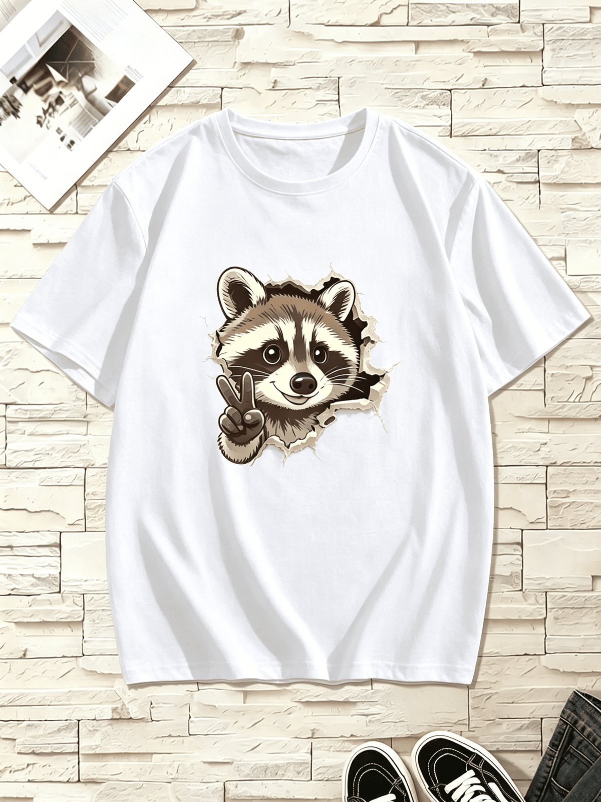 Cartoon Raccoon Showing Victory Hand Tshirt, Funny Breakout Paper Animal Graphic Short Sleeve Casual Top