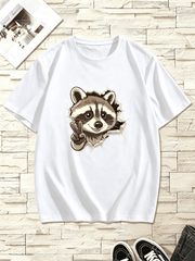 Cartoon Raccoon Showing Victory Hand Tshirt, Funny Breakout Paper Animal Graphic Short Sleeve Casual Top