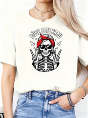 Casual T-Shirt Alte Frau Skull Skeleton Women TShirt Fashion Black Graphic Tee With Red Bandana And Peace Sign Design Fun Printed Round Neck Short Sleeved Women's T-Shirt