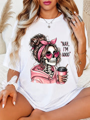 Casual T-Shirt Sassy Skeleton with Shades – Black Short-Sleeve Crew Neck Style, Everyday Essential, Skull Graphic T-Shirt
