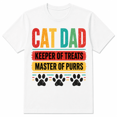 Cat Dad Keeper of Treats Master of Purrs Funny Cat Lover Graphic T Shirt Vintage Retro Paw Print Pet Owner Gift Father's Day Tee for Men Women Unisex Casual Graphic Shirt
