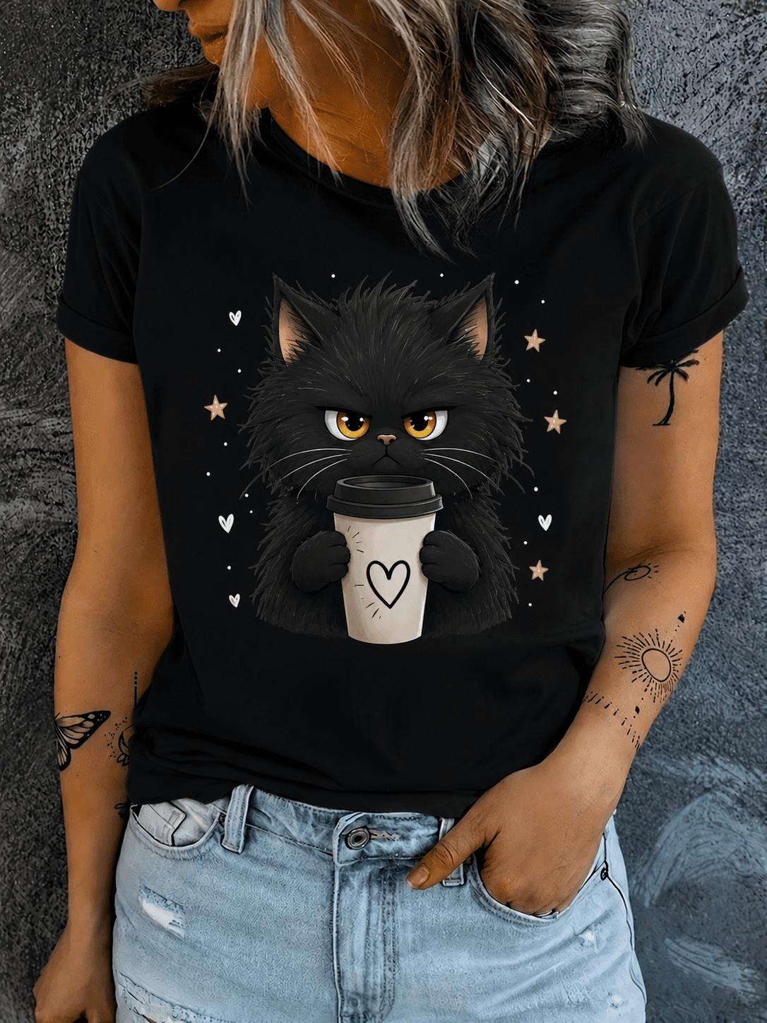 Cat Print Crew Neck T-Shirt, Casual Short Sleeve Top For Spring & Summer, Women's Clothing