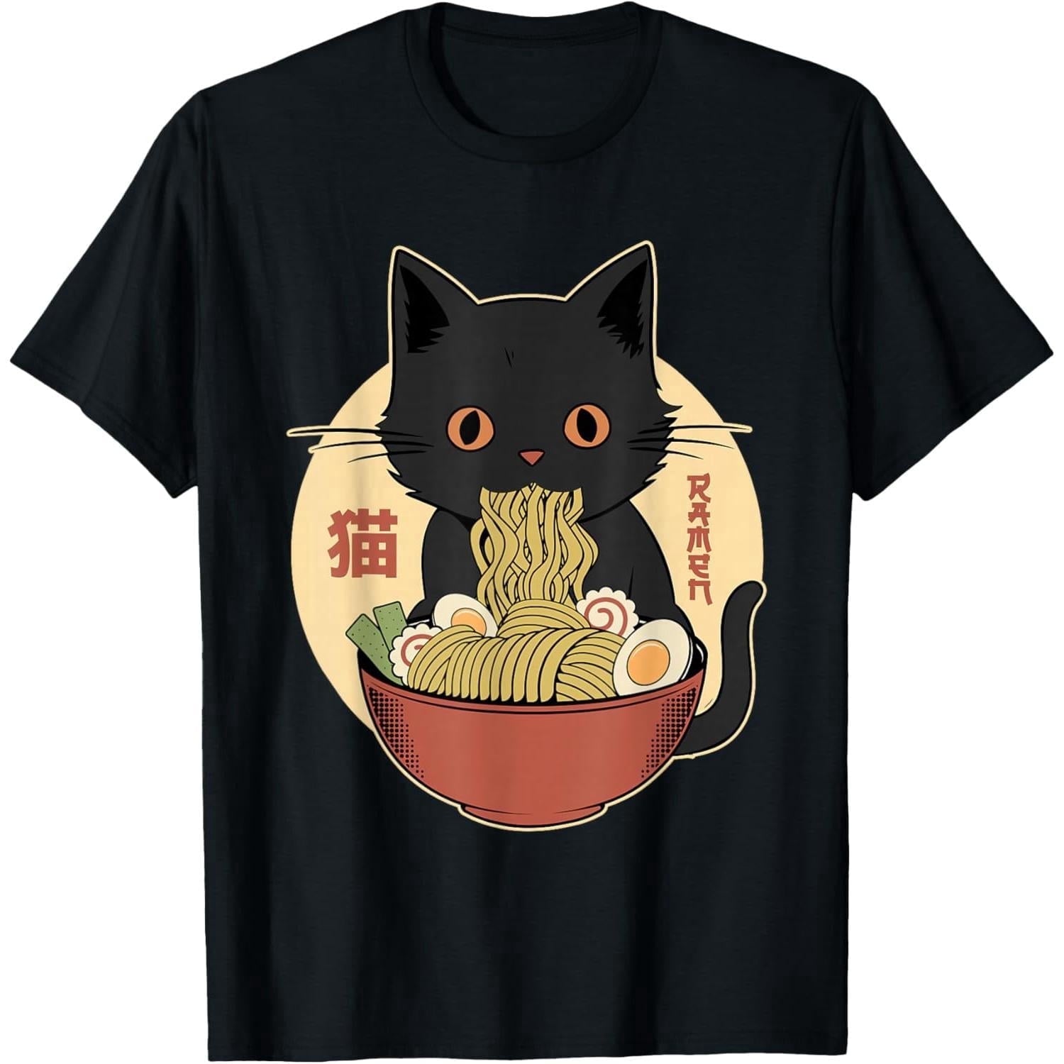 Cat Ramen Funny Graphic Tees Japanese Kawaii Cat Anime T-Shirt