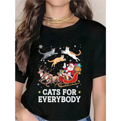 Cats For Everybody Christmas T-Shirt - Santa Sleigh With Cats And Reindeer Holiday Graphic Tee For Women, Festive Xmas Gift Top, Cute Cat Lover Christmas Apparel Fit Womenswear