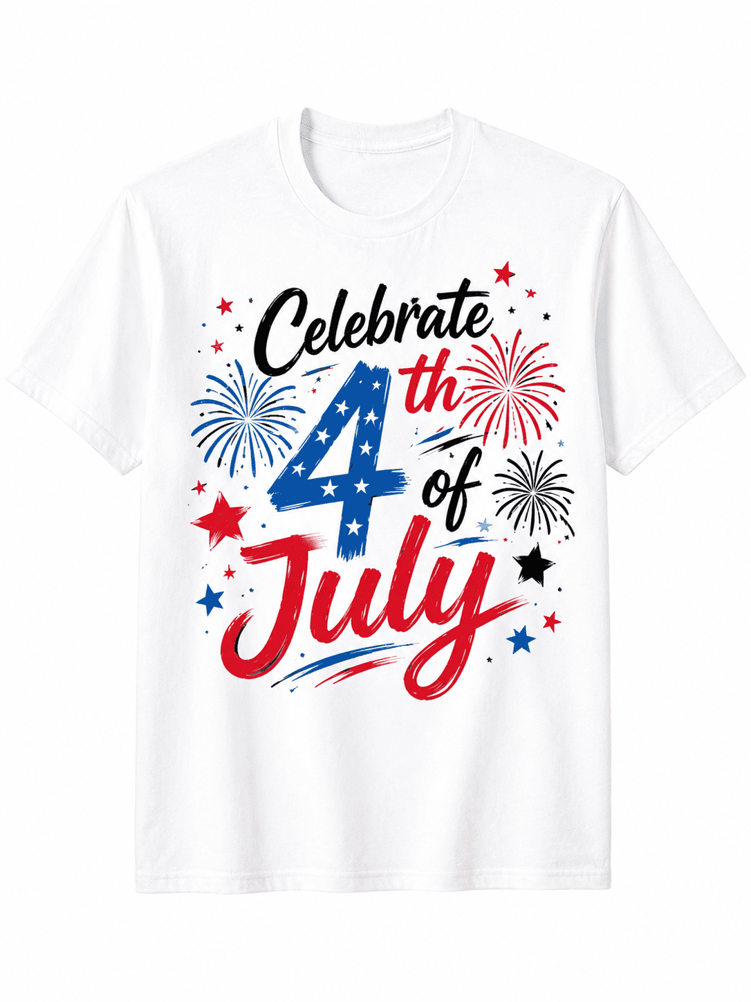 Celebrate 4th of July Graphic T-Shirt for Women, Patriotic Fireworks Independence Day Tee, Red White Blue Holiday Shirt