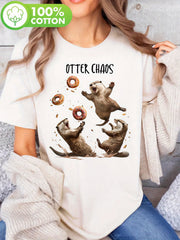 Chaos Funny Bagel Fighting Sea Otters Pun Animal Lover Print t-shirt, short sleeve crew neck casual top