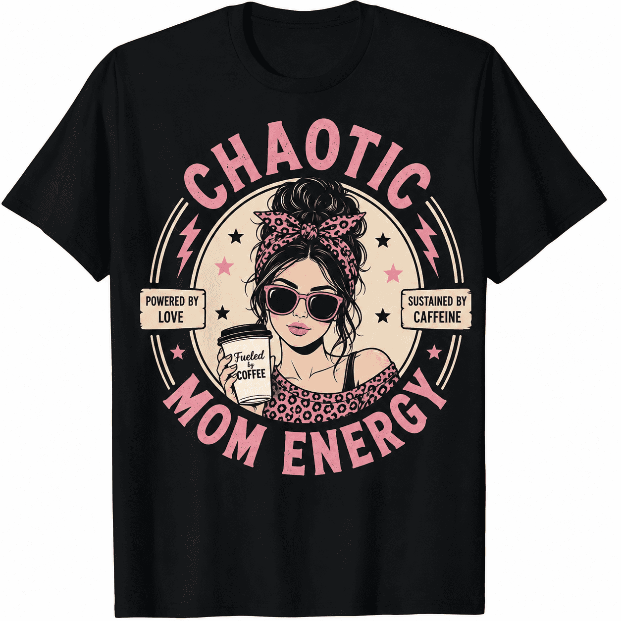 Chaotic Mom Energy Graphic T-Shirt for Women, Funny Coffee Lover Mom Tee, Retro Pink Graphic Casual Short Sleeve Crewneck Shirt