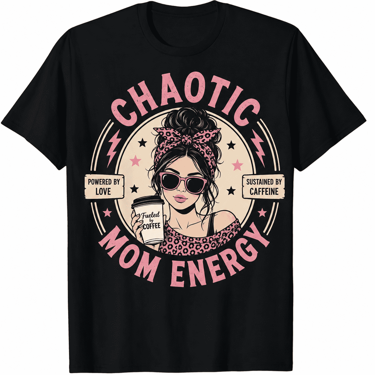 Chaotic Mom Energy Graphic T-Shirt for Women, Funny Coffee Lover Mom Tee, Retro Pink Graphic Casual Short Sleeve Crewneck Shirt