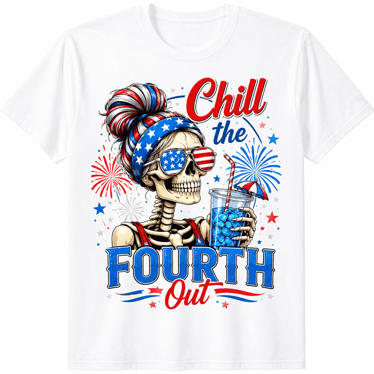 Chill The Fourth Out Skeleton Patriotic T-Shirt Funny 4th of July Graphic Tee for Men Women USA Independence Day Skull Sunglasses Fireworks American Flag Party Casual Short Sleeve Gift Top