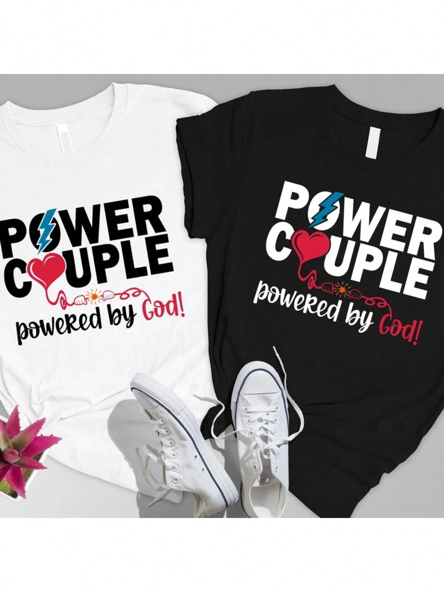 Christian Couple Graphic T-Shirt, Power Couple Powered by God Faith Print Crew Neck Short Sleeve Casual Matching Shirt for Him and Her, Religious Gift