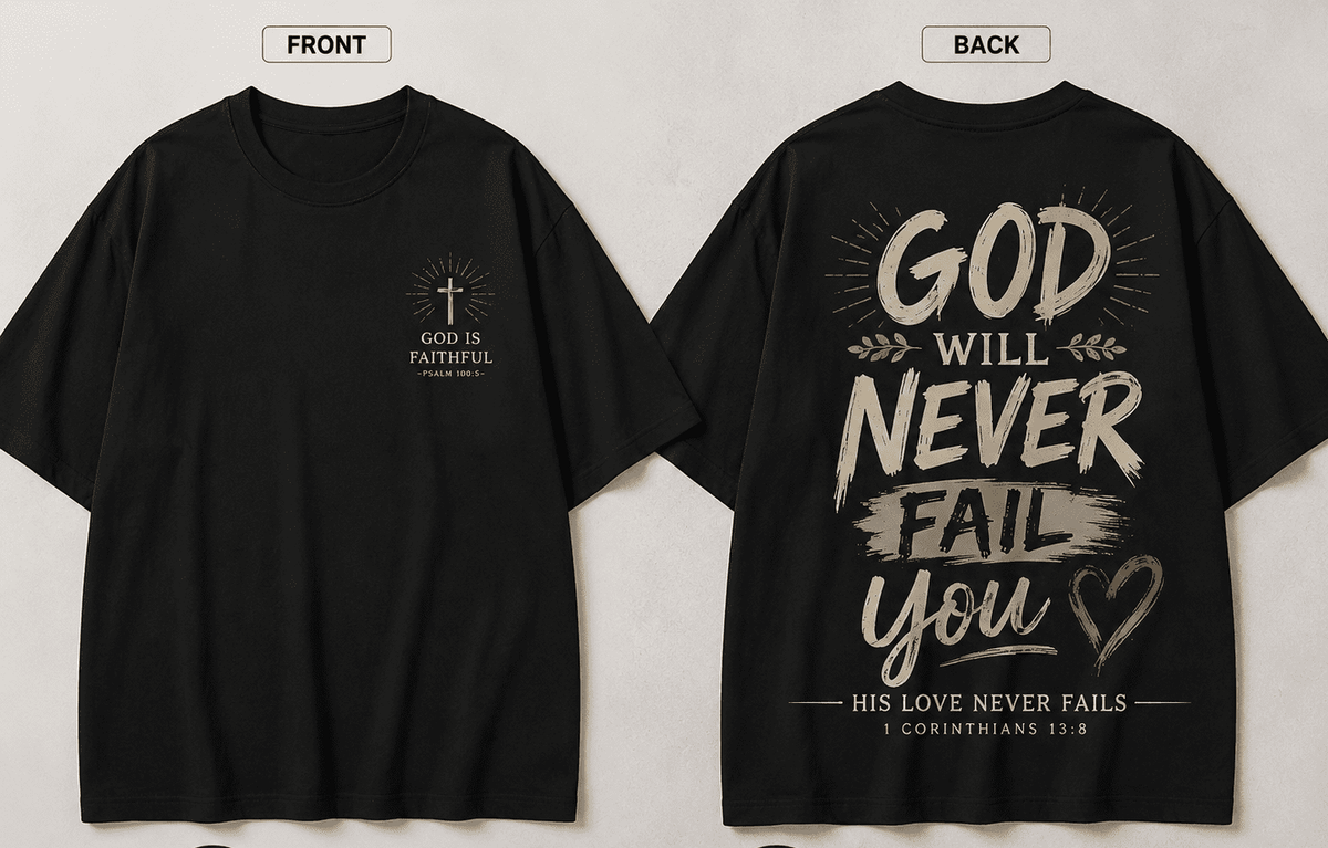 Christian Faith Graphic T-Shirt for Men & Women, God Will Never Fail You Bible Verse Vintage Washed Religious Tee