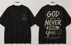 Christian Faith Graphic T-Shirt for Men & Women, God Will Never Fail You Bible Verse Vintage Washed Religious Tee