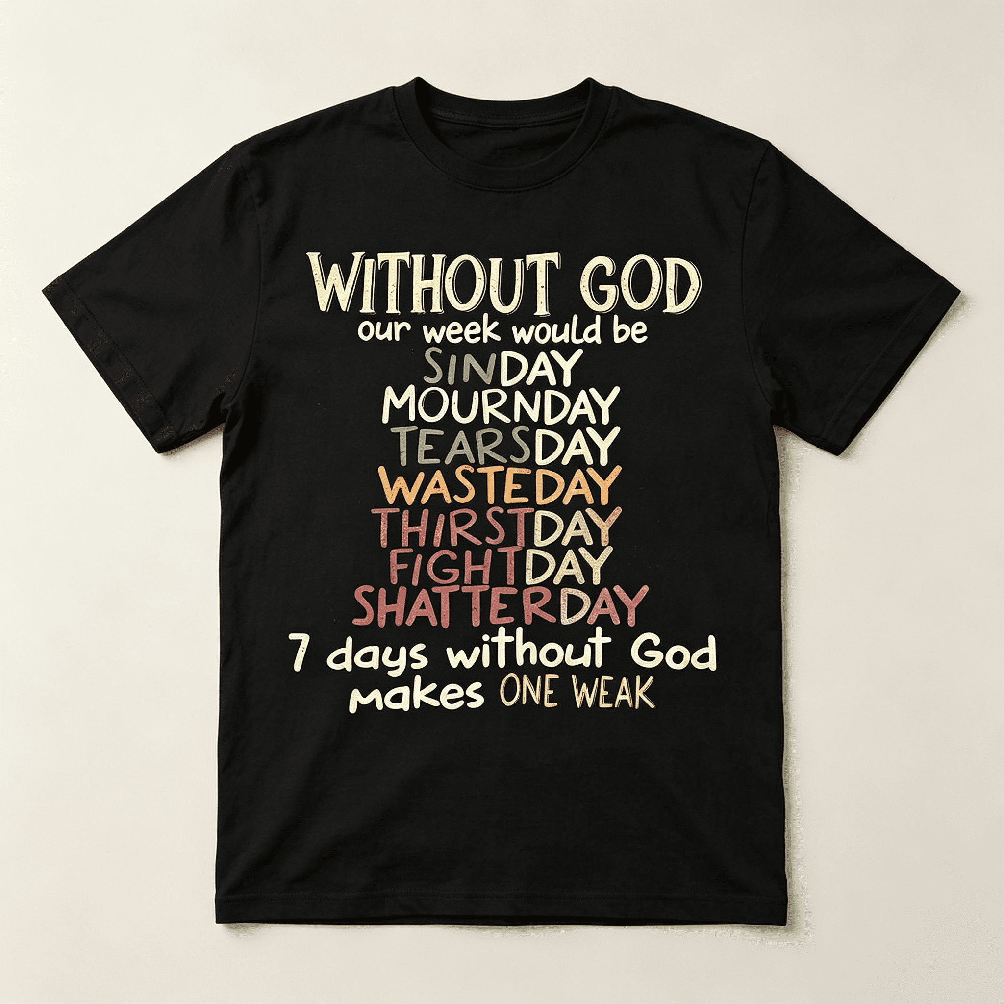 Christian Faith Humor Graphic T‑Shirt for Men Without God Our Week Would Be Funny Letter Print, Crew Neck Short Sleeve Tops