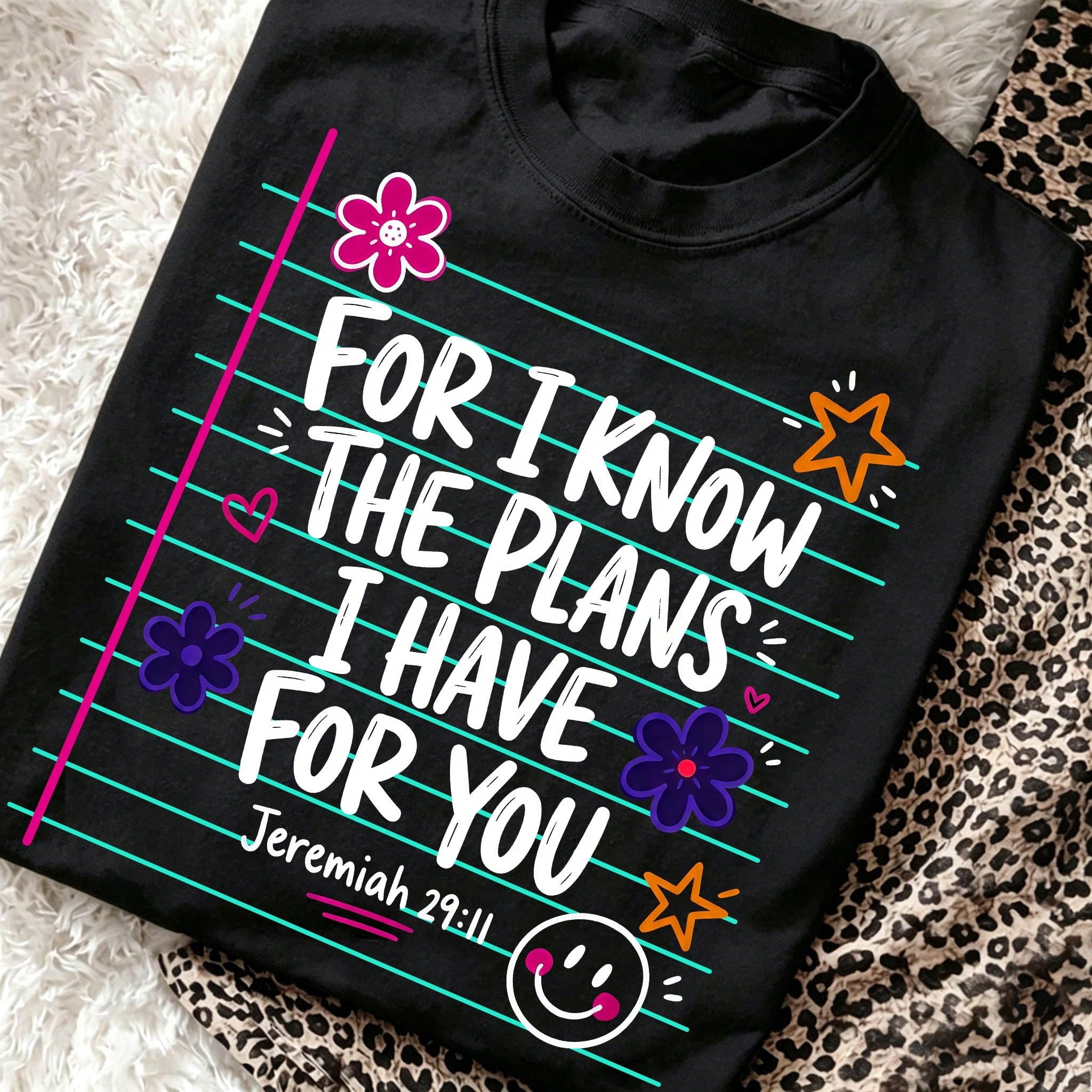 Christian Faith Jeremiah 29:11 Graphic T-Shirt for Women, Floral Smiley Notebook Print Soft Cotton Tee, Inspirational Religious Blessed Teacher Back To School Casual Top