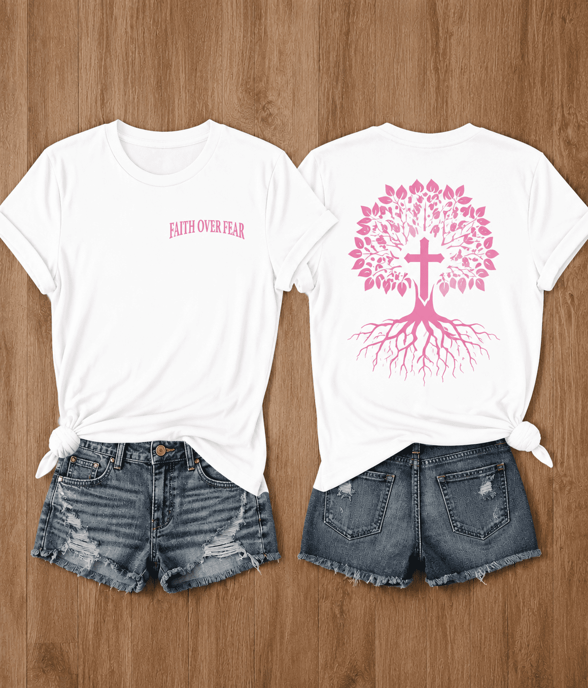 Christian Faith Over Fear Graphic T-Shirt for Men Women, Pink Tree Cross Religious Christian Inspirational Unisex Casual Tee