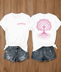 Christian Faith Over Fear Graphic T-Shirt for Men Women, Pink Tree Cross Religious Christian Inspirational Unisex Casual Tee