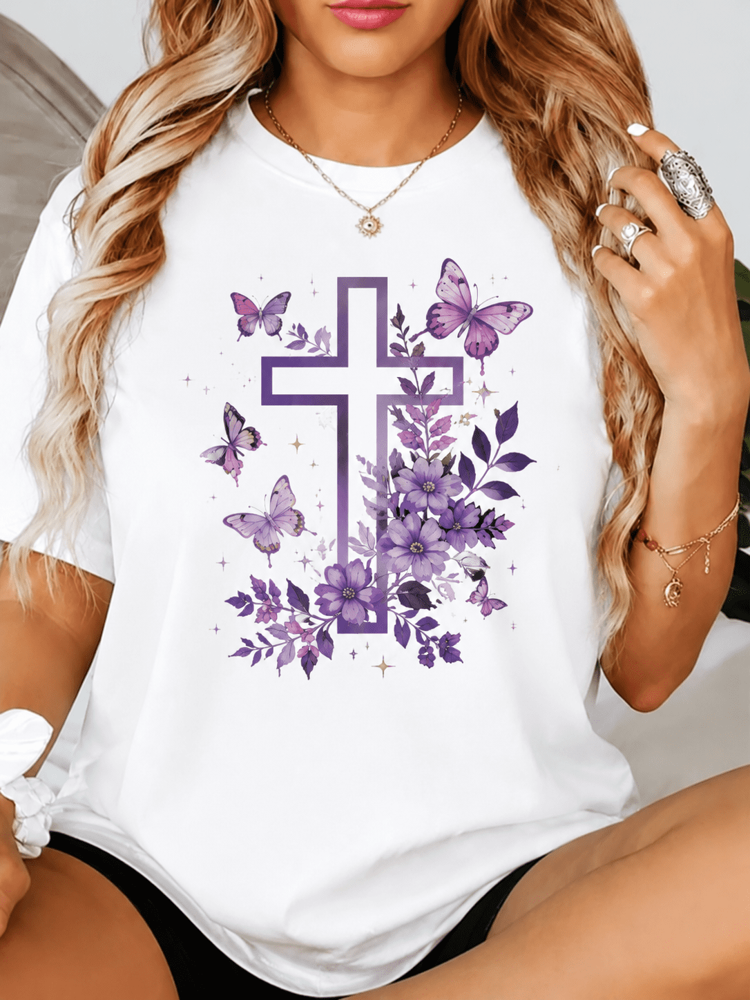 Christian Graphic T-Shirt Blessed by God Cross Butterfly Floral Print Casual Tee