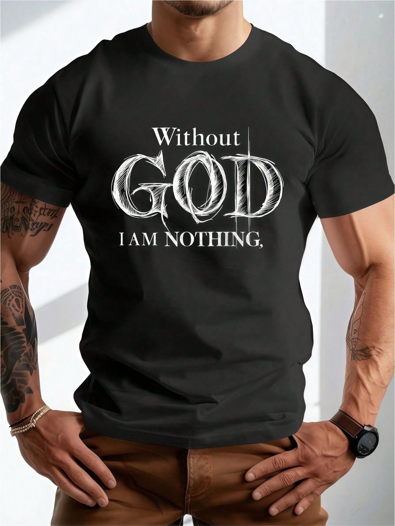 Christian Graphic T-Shirt for Men, Without God I Am Nothing Faith Quote Tee, Religious Inspirational Crew Neck Short Sleeve Shirt, Bible Believer Gift for Church and Father's Day