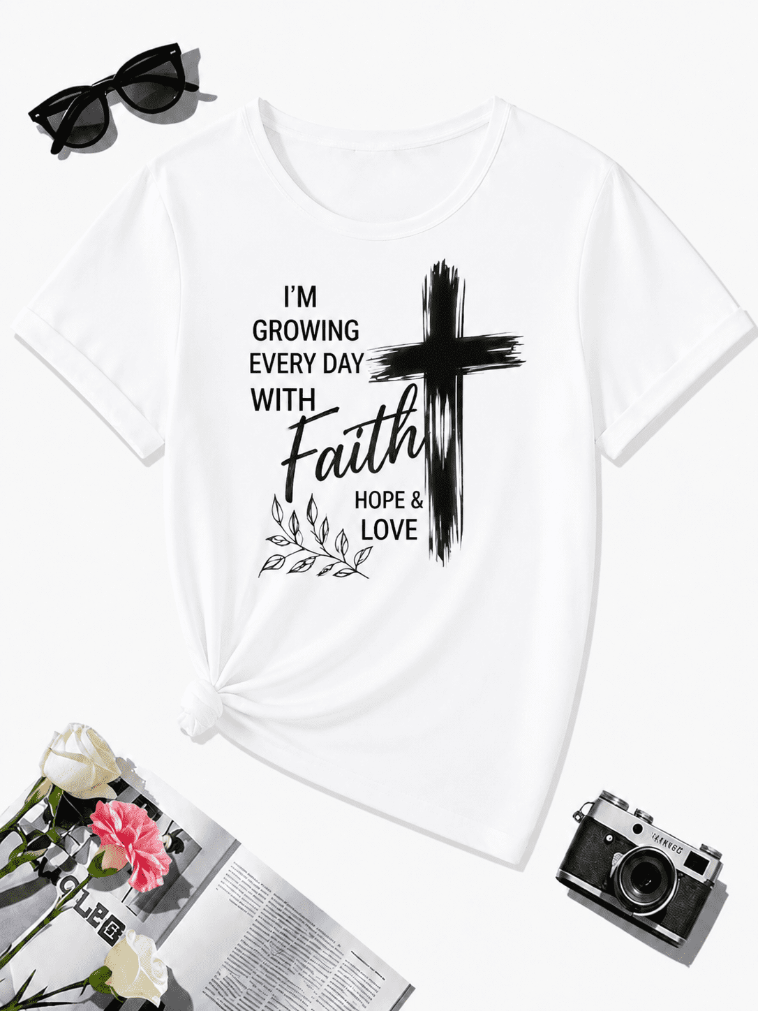 Christian Graphic T-Shirt for Women Black Faith Cross Shirt I’m Growing Every Day Hope Love Inspirational Tee