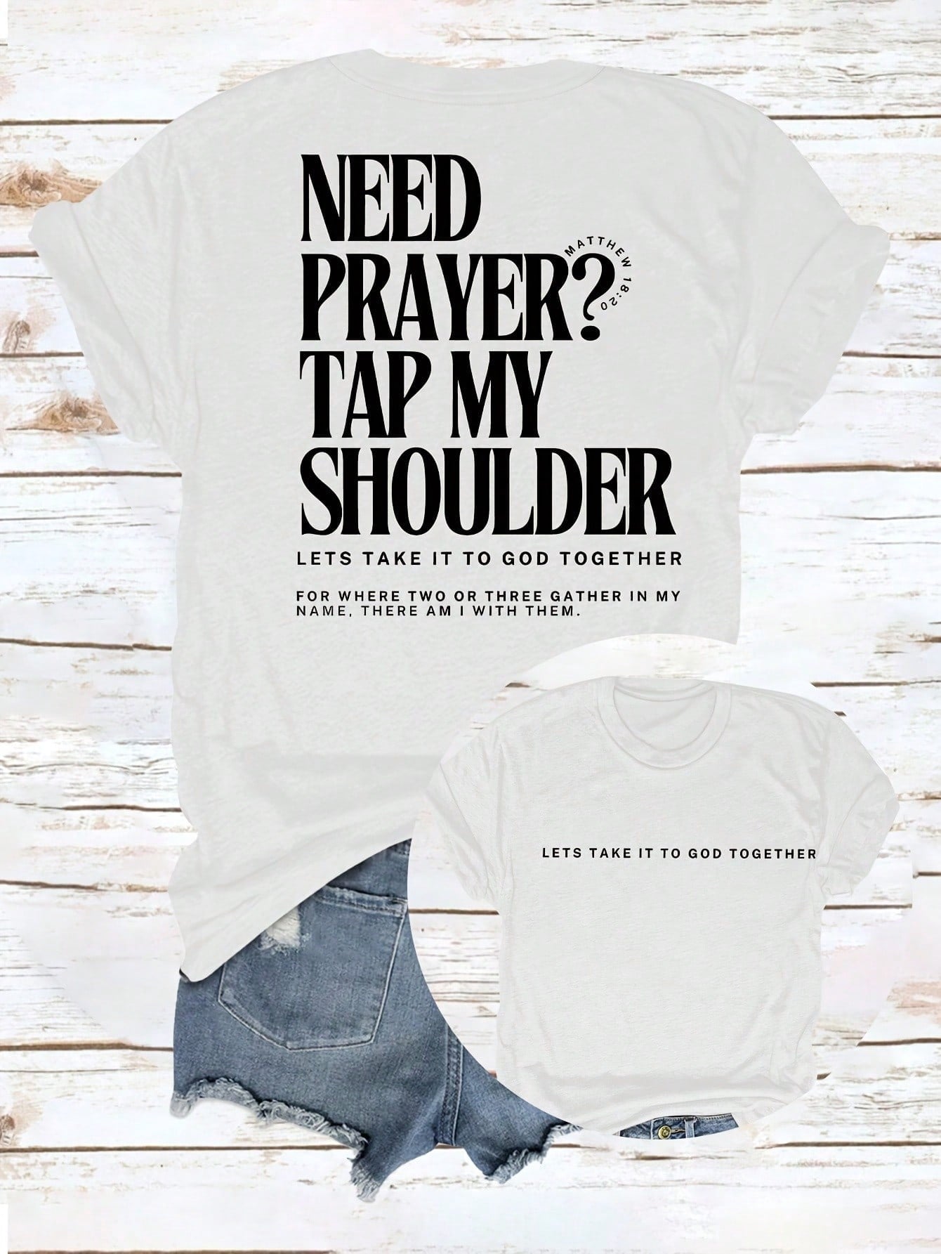 Christian Prayer Graphic T-Shirt, Need Prayer Tap My Shoulder Faith Quote Short Sleeve Crew Neck Tee, Matthew 18:20 Bible Verse Shirt, Religious Gift for Women & Men