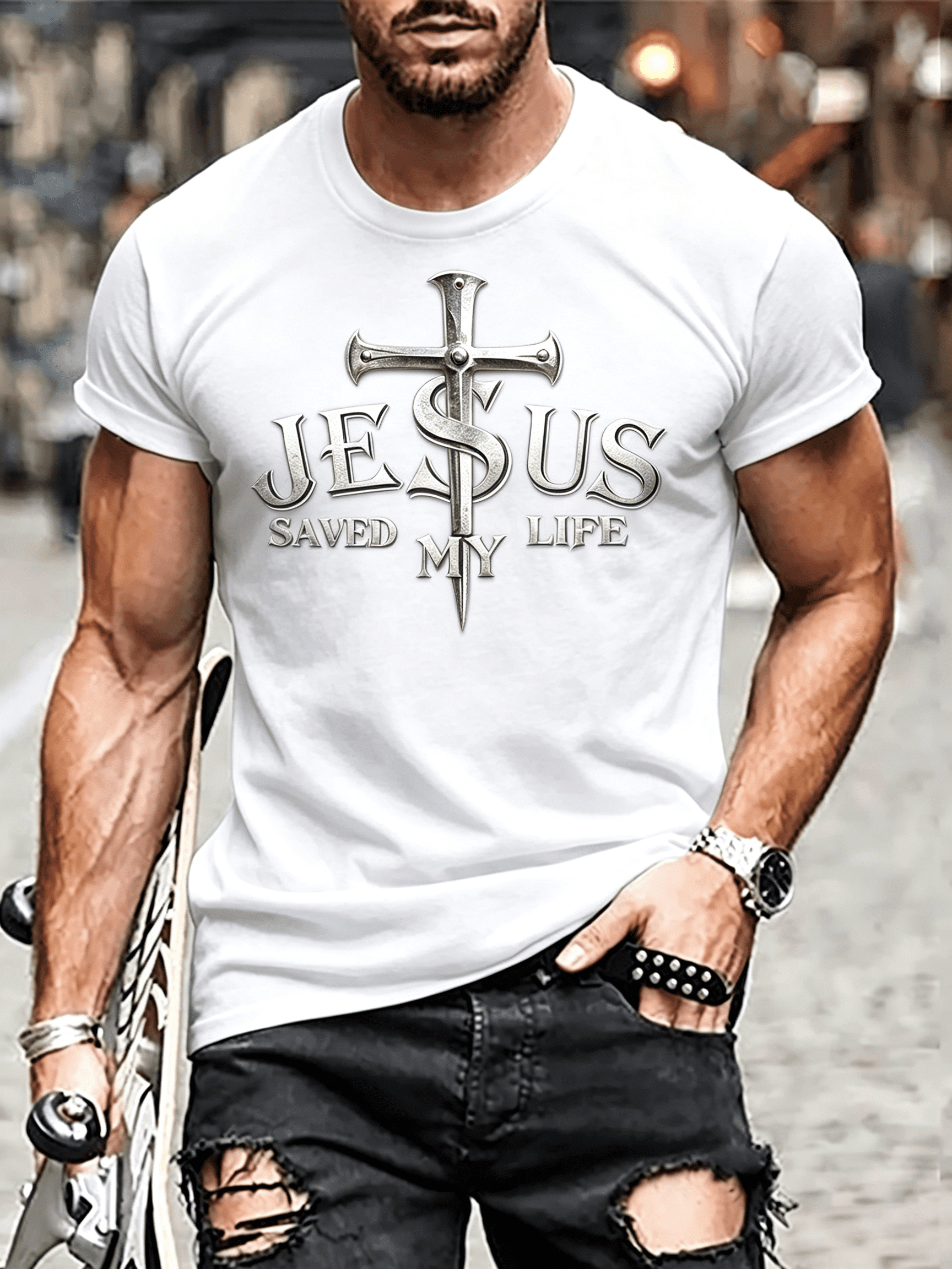Christian Religious Graphic Tee, Nail Cross Design, Faith Inspirational Shirt, Mens Casual Crewneck Short Sleeve, Jesus Belief Apparel