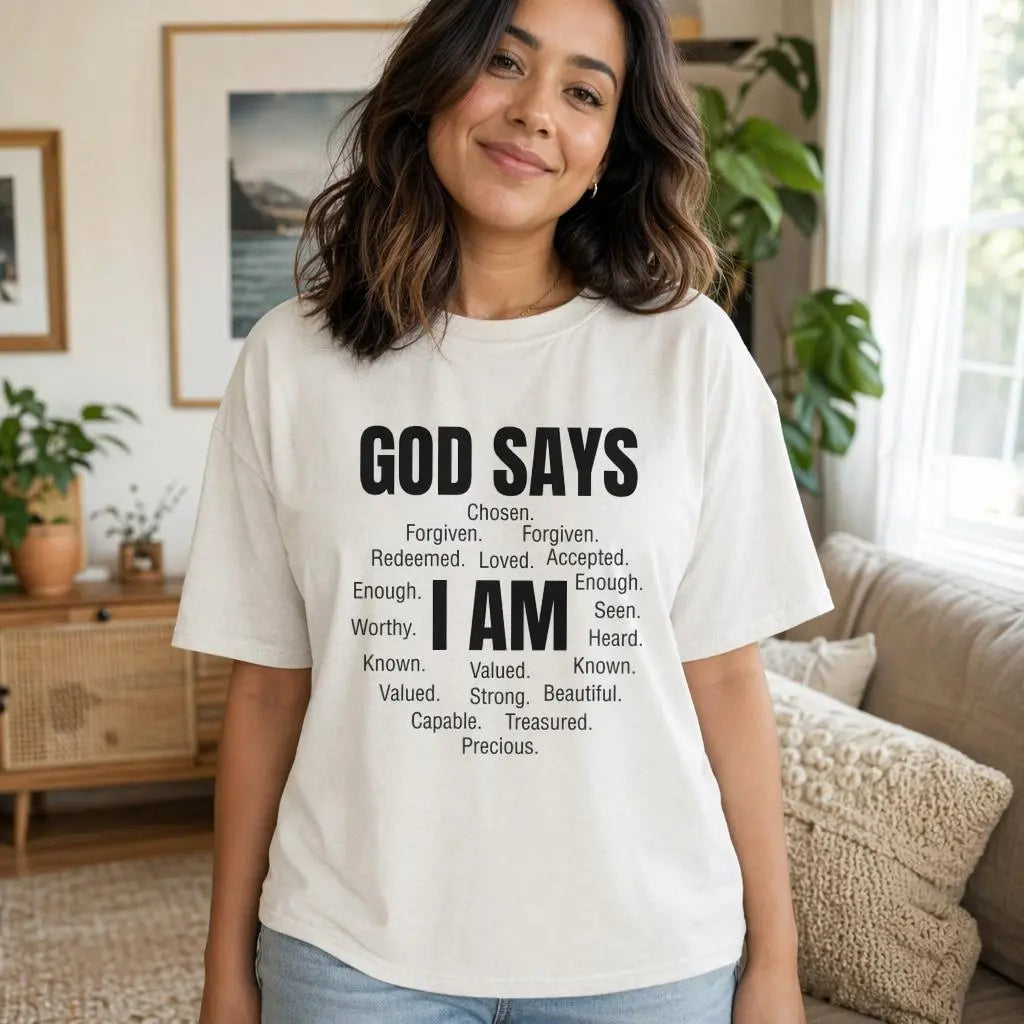 Christian Shirt Women God Says I Am Graphic Tee Plus Size Inspirational Faith Soft Top