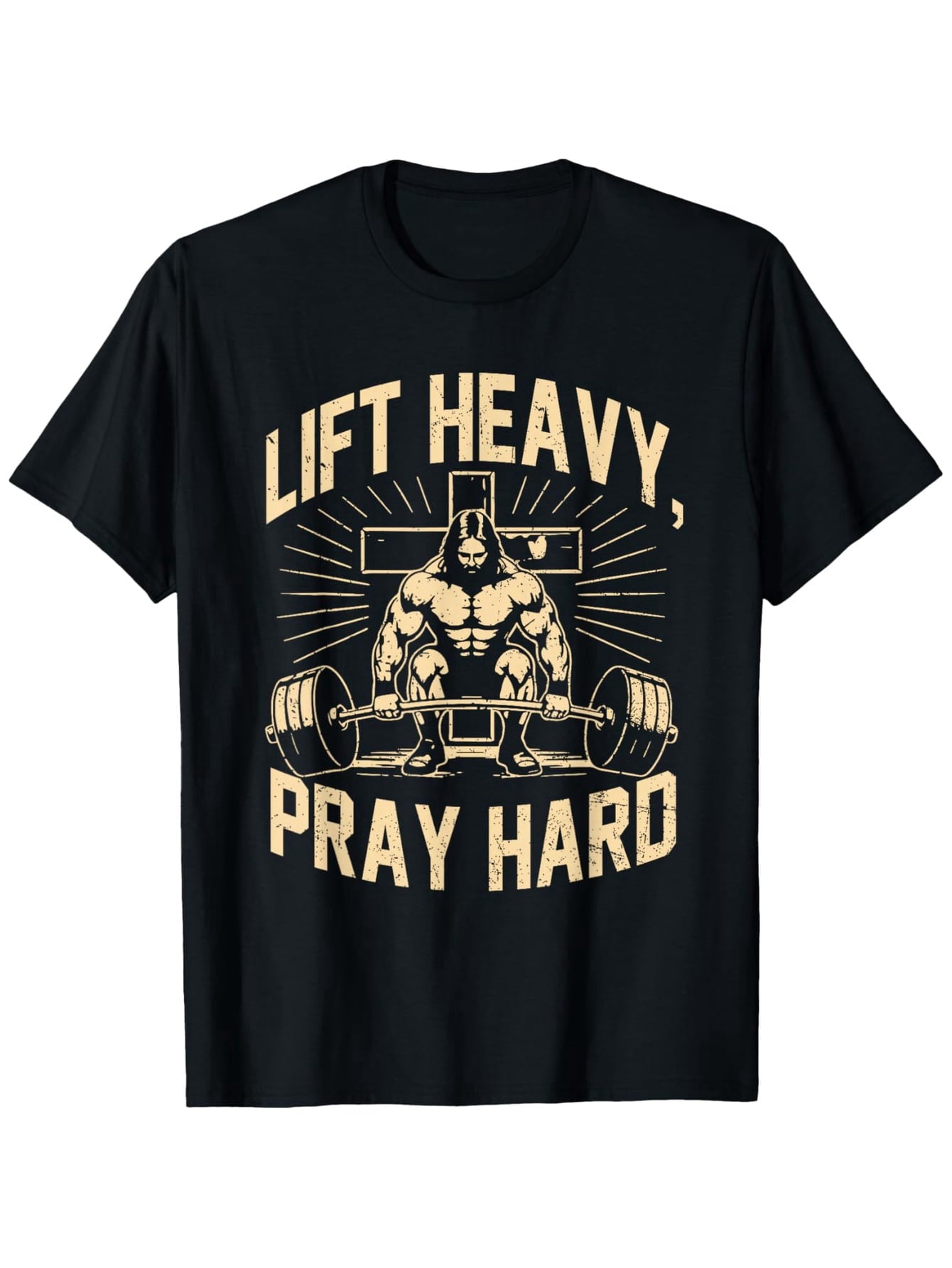 Christian T-Shirt with Golden Lettering - Lift Heavy Pray Hard TShirt, Faith-Based Apparel, Religious Weightlifting Design for Church, Casual Wear