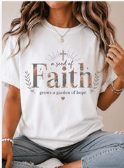 Christian Women’s Faith T-Shirt – Floral Letter Graphic Tee “Faith Grows a Garden of Hope” Inspirational Bible Verse Casual Shirt for Women