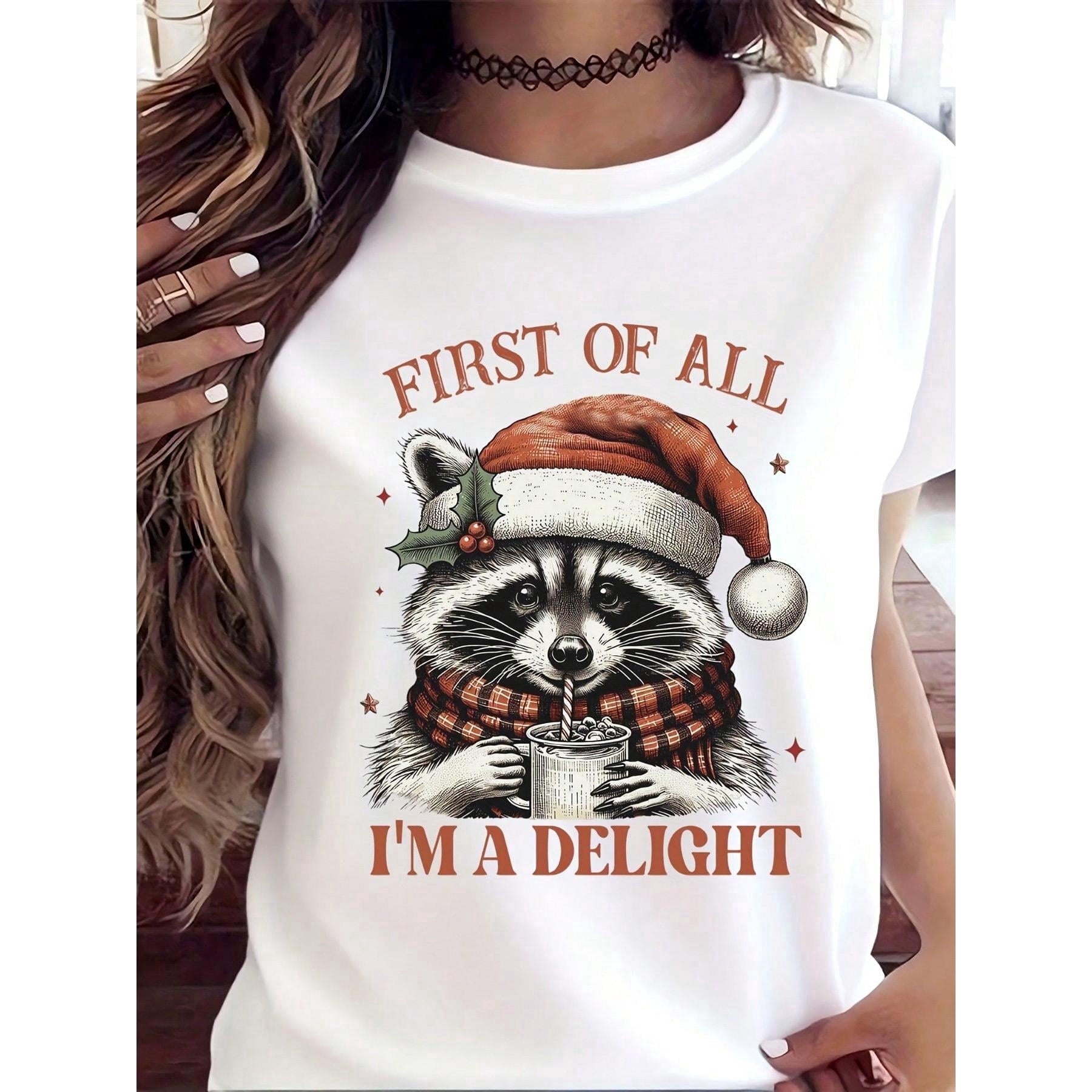 Christmas Raccoon T-Shirt First Of All I'm A Delight Funny Holiday Graphic Tee For Women, Festive Christmas Gift, Winter Seasonal Apparel, Santa Hat And Scarf Design, Cute Animal Print Top,220g