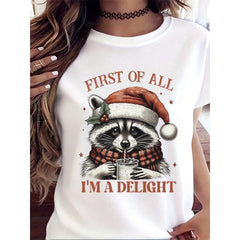 Christmas Raccoon T-Shirt First Of All I'm A Delight Funny Holiday Graphic Tee For Women, Festive Christmas Gift, Winter Seasonal Apparel, Santa Hat And Scarf Design, Cute Animal Print Top,220g