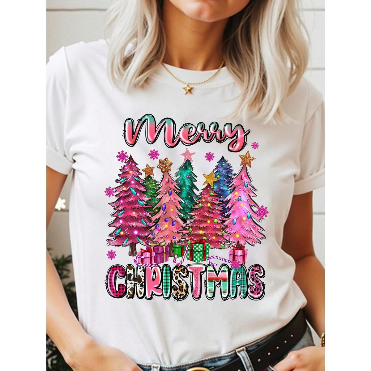 Christmas Women Casual Fashion Cute Colorful Christmas Tree Shape Creative Letter Slogan Graphic Print Basic Short Sleeve T-Shirt, Suitable For Christmas Party Graphic Tees Women Tops